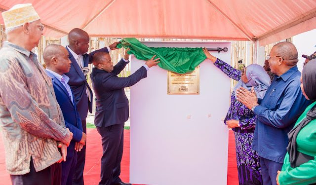 RAIS SAMIA AWEKA JIWE LA MSINGI UJENZI WA SOKO LA CRDB KIZIMKAZI DIMBANI, KUSINI UNGUJA, ZANZIBAR